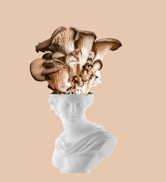 Creative art collage of ancient statue female head with huge group of mushr.. Stock Illustration