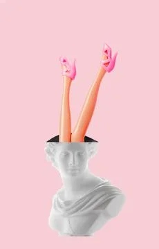 Creative art collage of ancient statue head with female legs in pink shoes .. Stock Illustration