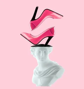 Creative art collage an ancient statue of a woman with pink shoes flying ou.. Foto stock