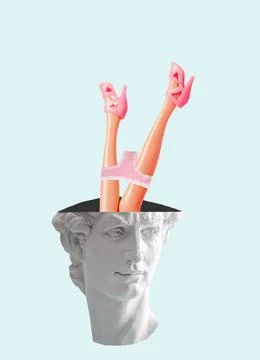 Creative art collage of David's head with female legs in pink shoes flying .. Stock Illustration