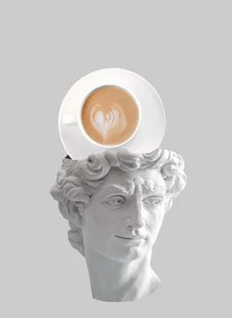 Creative art collage of David's head with coffee cup flying out of his head. Stock Photos