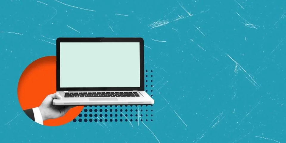 Creative art collage featuring a hand holding a laptop against a bright blu.. Stock Photos
