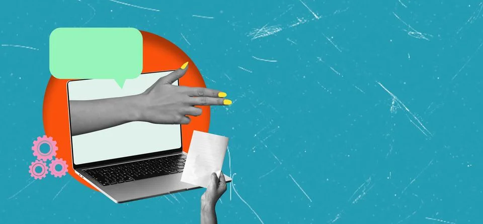 Creative art collage featuring a hand holding a laptop against a bright blu.. Stock Photos