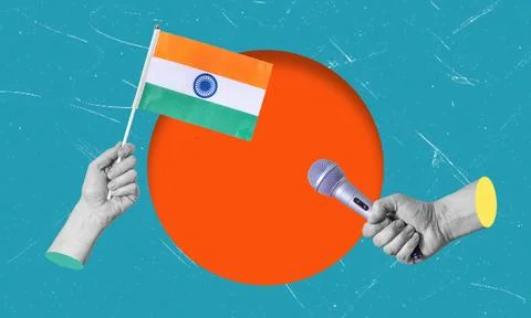 Creative art collage of hands holding an Indian flag and a microphone again.. 스톡 사진