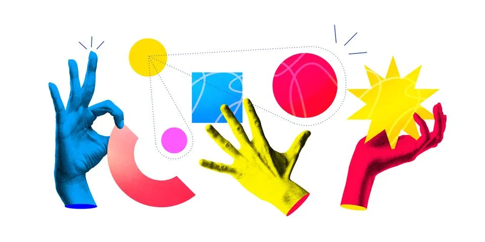 Creative art collage. Hands interact with vibrant array of shapes, connected by Foto stock