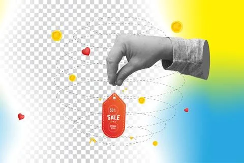 Creative art collage with a human hand holding a red sale tag showing 50 pe.. Stock Photos