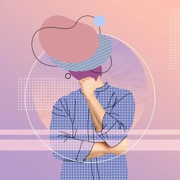 Creative art collage of man with drawn elements instead of his head on colo.. Stock Photos
