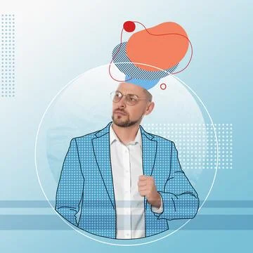 Creative art collage of serious businessman with drawn elements coming out .. Stock Photos
