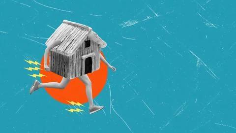 A creative art collage shows a house running with legs. This scene symbolizes Stock Illustration
