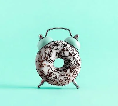 Creative art collage white glazed donut and alarm clock on a pastel blue ba.. Stock Photos