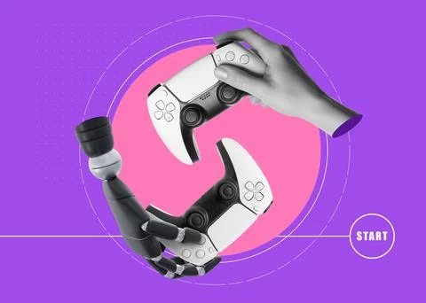 Creative art collage with woman's hand and robot's arm holding gamepads on .. Stock Photos