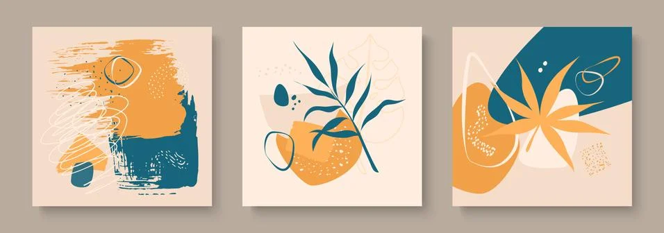 Creative art composition with natural simple hand painted shapes and exotic Stock Illustration