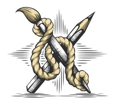 Creative Art concept. Heraldic emblem of pencil and brush rope. Illustration. Stock Illustration