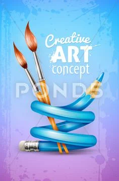 Creative art concept with twisted pencil and brushes for drawing Stock Illustration