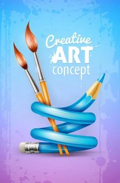 Creative art concept with twisted pencil and brushes for drawing Illustrazione stock