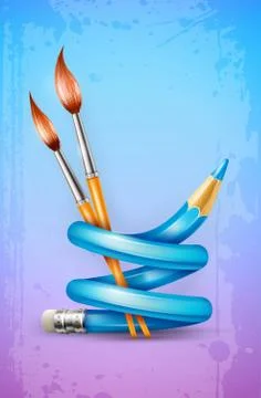 Creative art concept with twisted pencil and brushes for drawing 스톡 일러스트