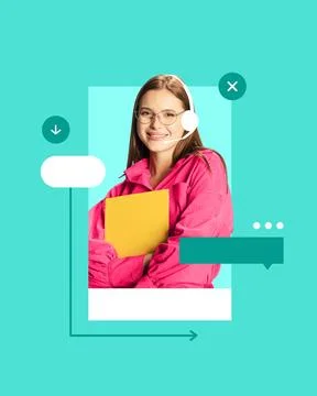 Creative art design. Manager in headset, holding yellow folder, smiling Stock Photos
