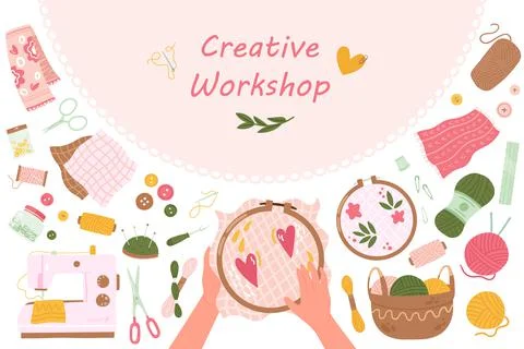 Creative art master class, lesson and workshop, hands holding hoop with Stock Illustration