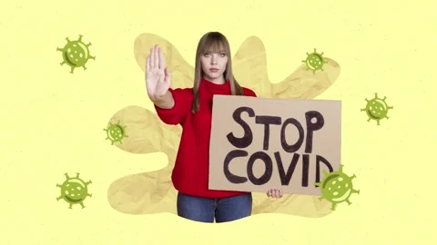 Creative art motion collage of serious girl show stop gesture placard bacterium Stock Footage 311503791