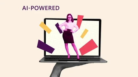 Creative art motion collage video of serious businesswoman stand laptop Stock Footage 301515785