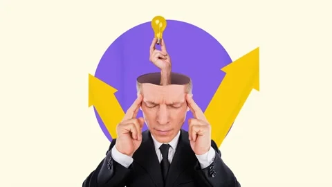 Creative art motion collage video of serious businessman thin light bulb idea Stock Footage 301633465