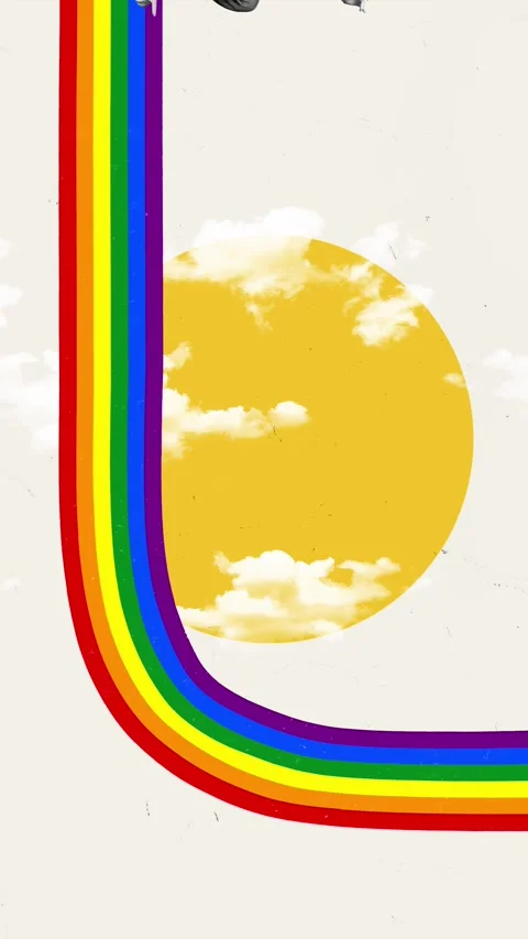 Creative art motion collage video of happy hipster girl ride skateboard rainbow Stock-Footage 302158651