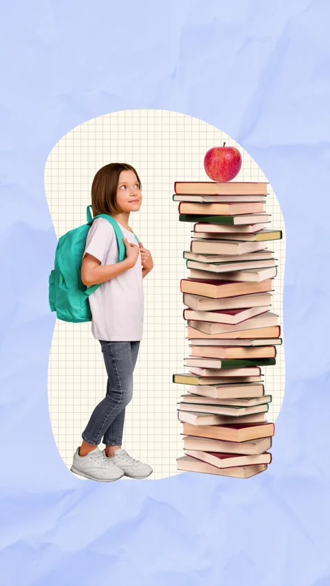 Creative art motion collage video of happy girl hold rucksack look book stack Stock Footage 302172125