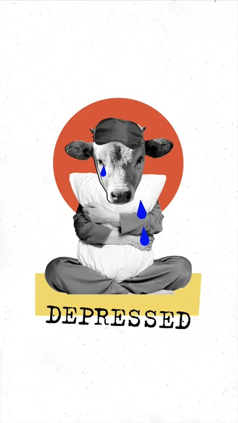 Creative art motion collage video of upset depressed girl cry instead head cow Stock Footage 302993217