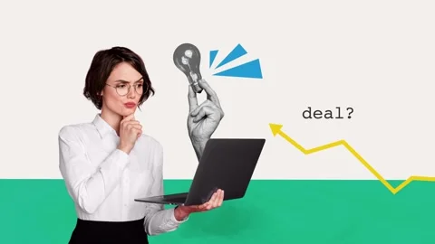 Creative art motion collage video of minded businesswoman hold laptop light bulb Stock Footage 304501038