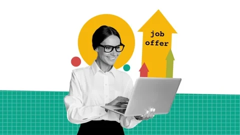 Creative art motion collage video of happy businesswoman hold laptop job offer Stock Footage 304501201