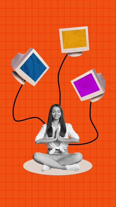 Creative art motion collage video of happy girl sit yoga retreat pc monitor Stock Footage 309510564