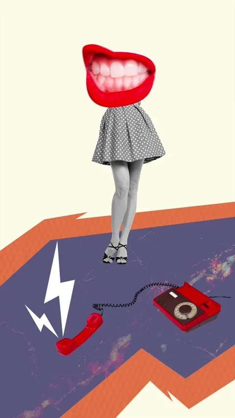 Creative art motion collage video of angry mouth bodyless girl telephone call Video stock 310671913