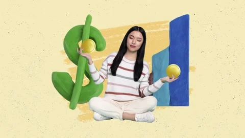 Creative art motion collage video of happy businesswoman do yoga dollar income Stock Footage 312316410
