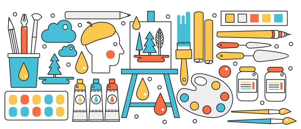 Creative art studio or school, craft hobby, artist with materials and linear Stock Illustration