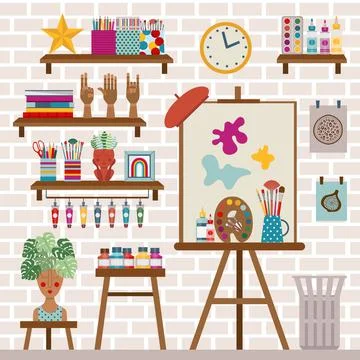 Creative Art Studio Workshop Room Flat Interior Stock Illustration