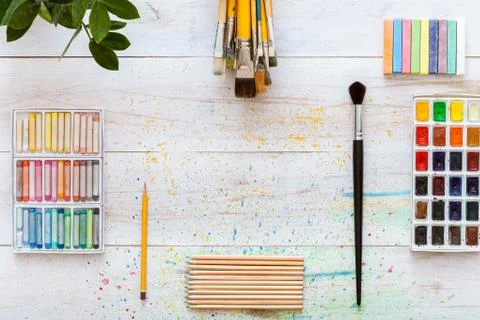 Creative art work accessories tools supplies set concept, paint brushes, pain Stock Photos