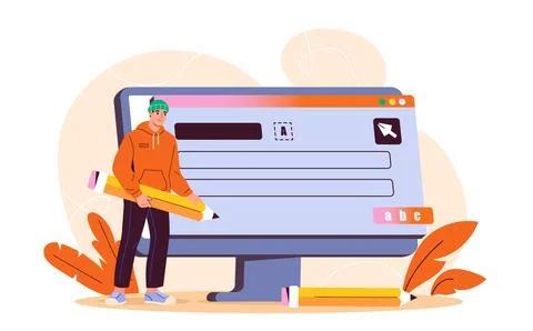 Creative article writing. Man with large pencil near computer monitor. Talented Illustrazione stock