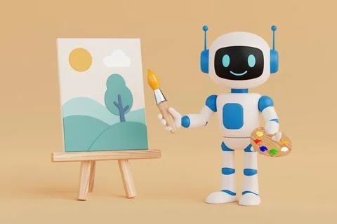 Creative Artificial Intelligence Concept. Cute Ai Robot Artist Character Pa.. Stock Illustration