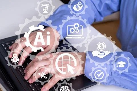 Creative artificial Intelligence concept with human brain sketch and hands ty Stock Photos