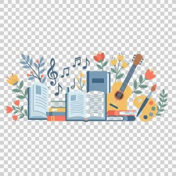 Creative arts and education concept with books guitar music notes and paint.. Illustrazione stock