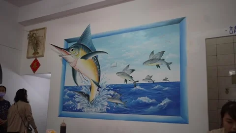 Creative Artwork of Colorful Azure Creature in Indoor Oceanic Mural Stock Footage 248353838