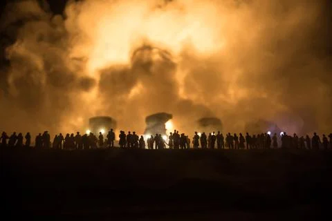 Creative artwork decoration - Russian war in Ukraine concept. Crowd looking o Stock-Illustration