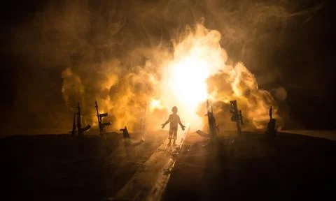 Creative artwork decoration war on Ukraine. Crowd looking on giant explosion  Stock-Illustration