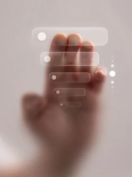 Creative artwork. Hand interacting with transparent futuristic interface for Stock Photos