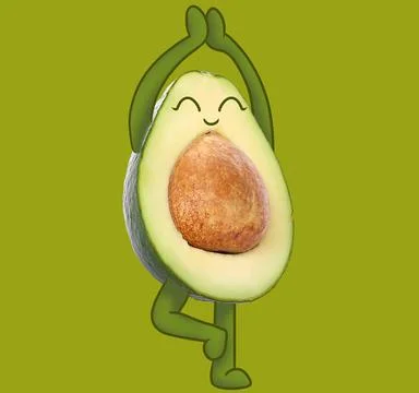 Creative artwork. Happy avocado practicing yoga. Fruit with drawings on lig.. Stock Photos
