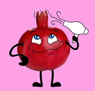 Creative artwork. Happy pomegranate using hair dryer. Fruit with drawings o.. Stock Photos