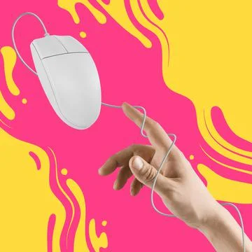 Creative artwork. Image of male hand with PC mouse on bright pink and yellow Stock Illustration