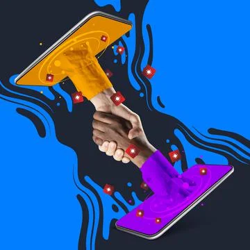 Creative artwork. Image of male hands sticking out of smartphone screen on dark Illustrazione stock