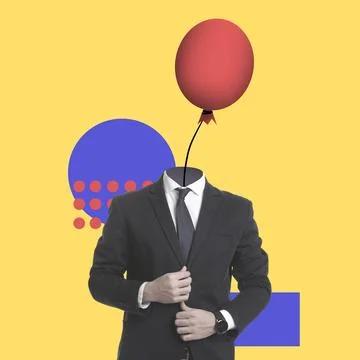 Creative artwork. Man with balloon instead of head on yellow background Stock Photos