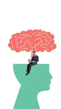 Creative artwork of a man working on a laptop inside an open head with a Stock Photos